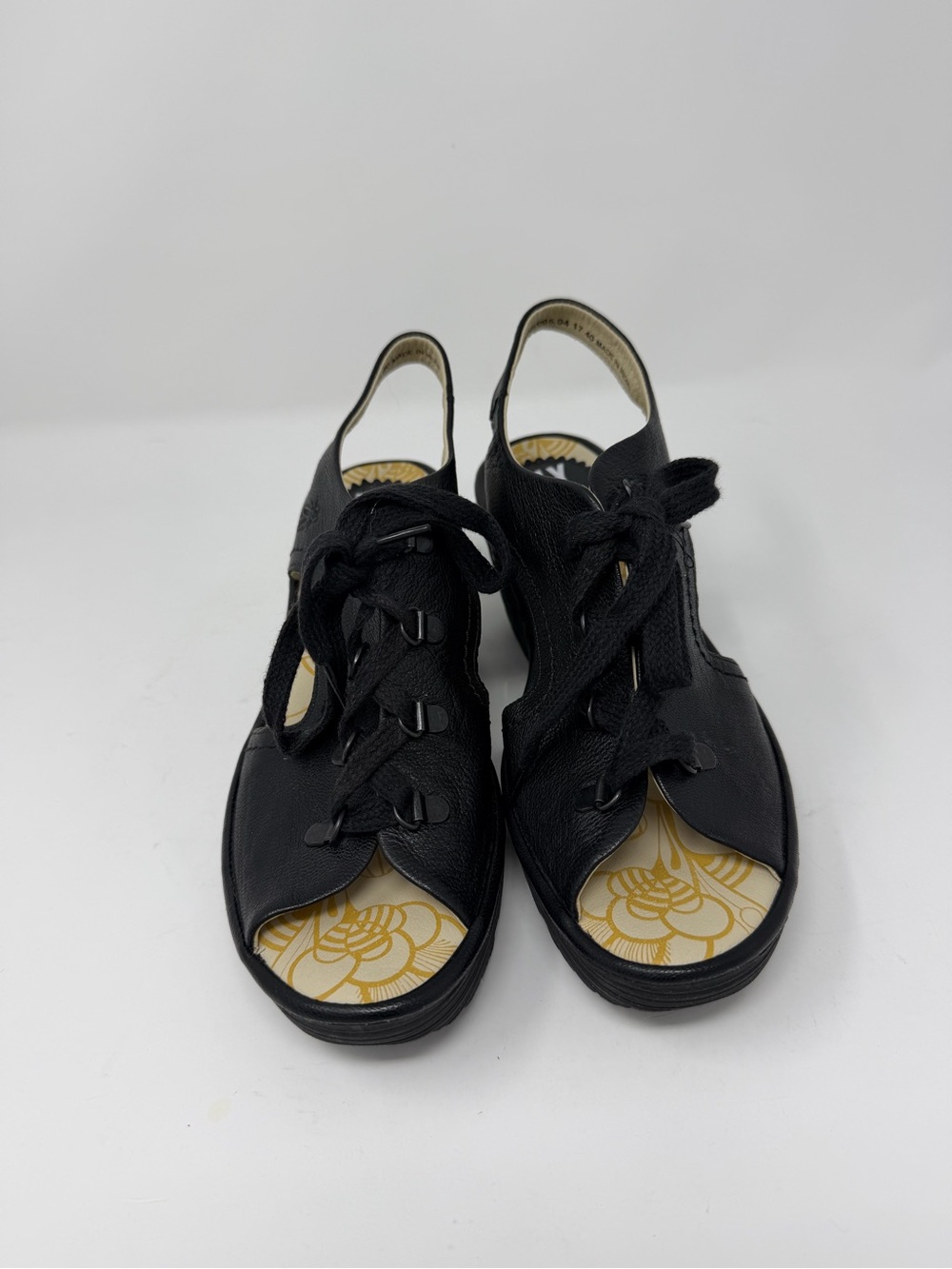 Fly London Yifa black leather platform wedge sandals